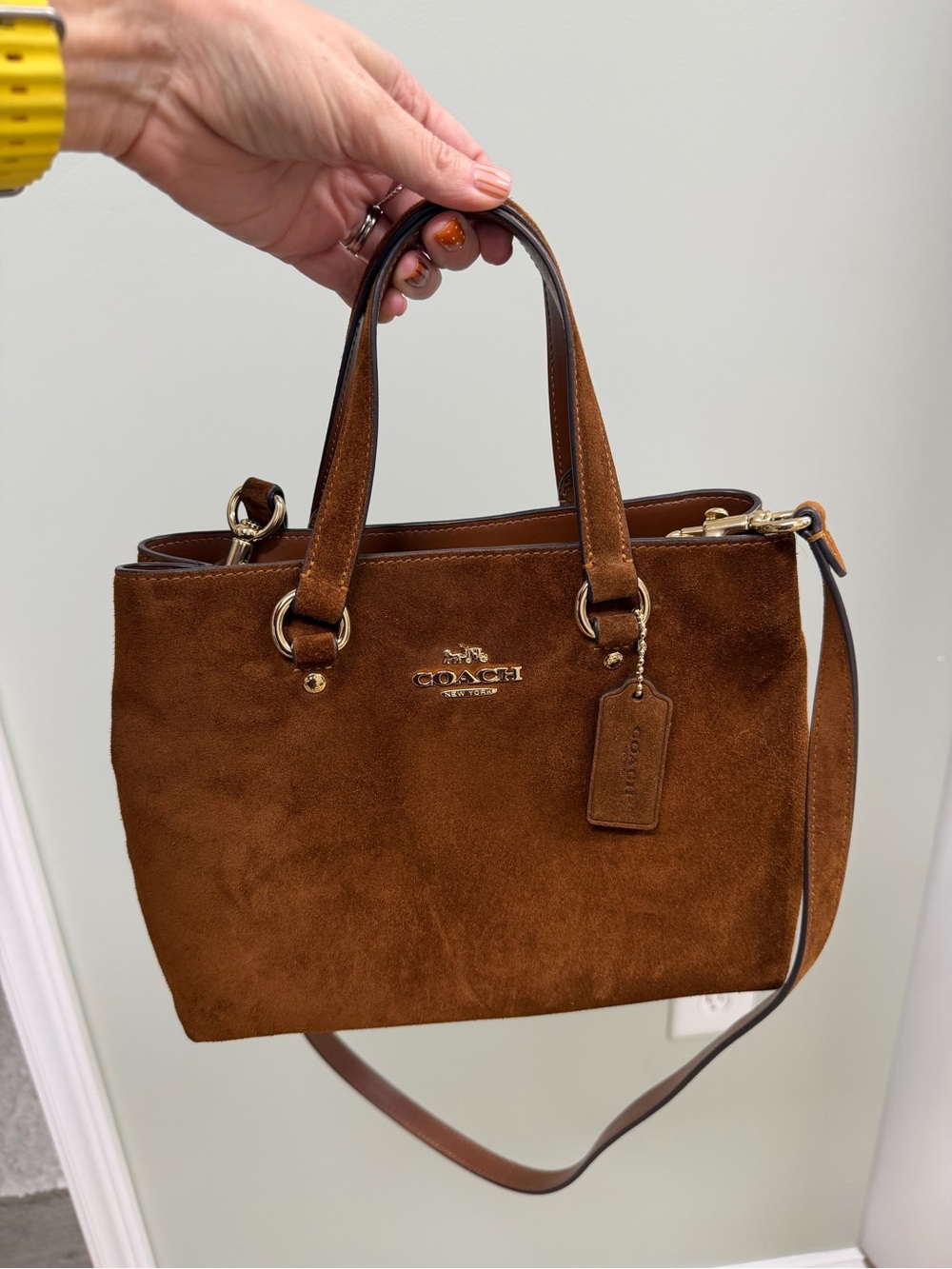 COACH maple Brown Suede Mini Tote with Gold Hardware